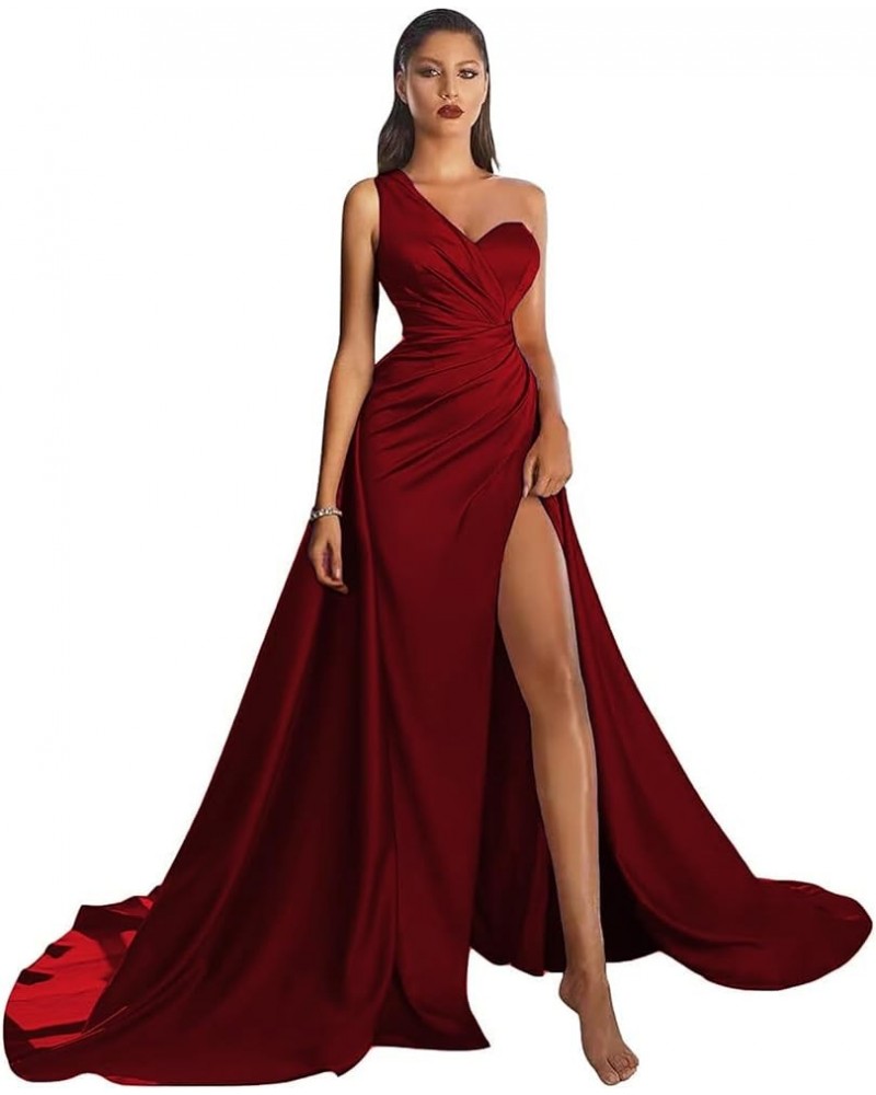 Womens One Shoulder Prom Dresses Satin Long Formal Wedding Guest Party Gowns Dress with Slit Wine Red $30.55 Dresses