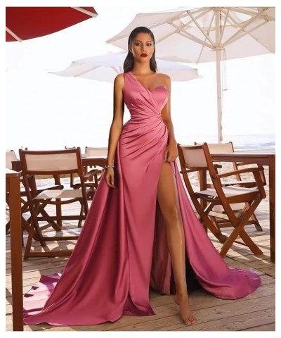 Womens One Shoulder Prom Dresses Satin Long Formal Wedding Guest Party Gowns Dress with Slit Wine Red $30.55 Dresses