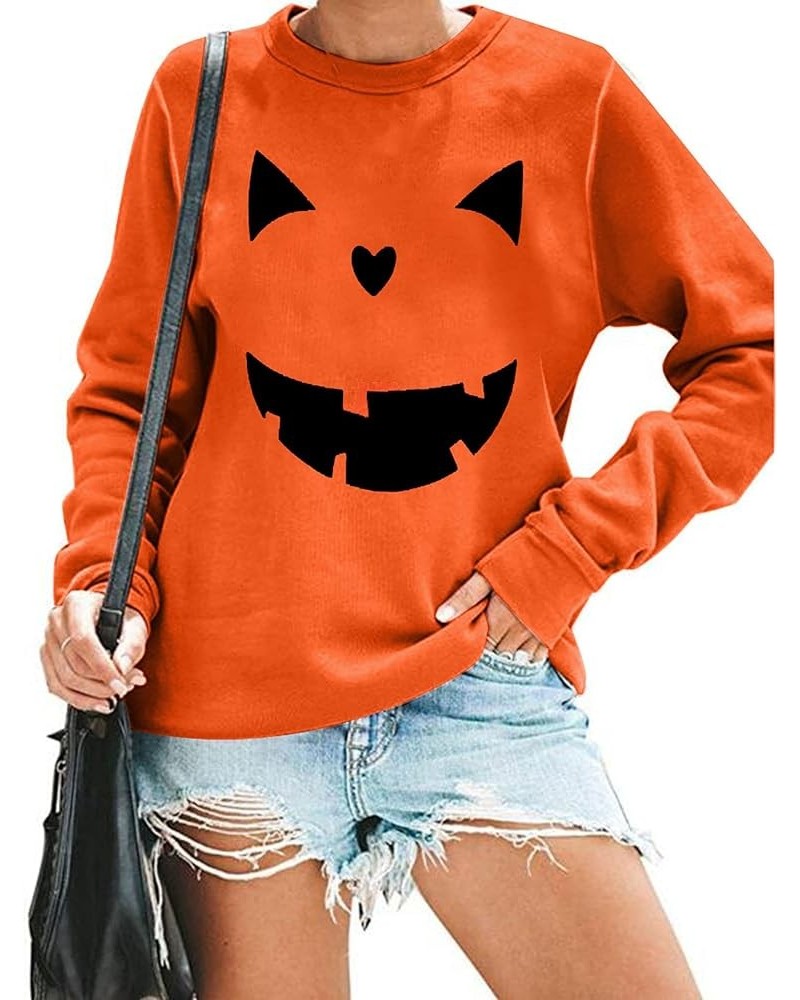 Women's Halloween Pumpkin Face Long Sleeve Sweatshirts Lightweight Casual Pullover Tops Orange $14.19 Hoodies & Sweatshirts