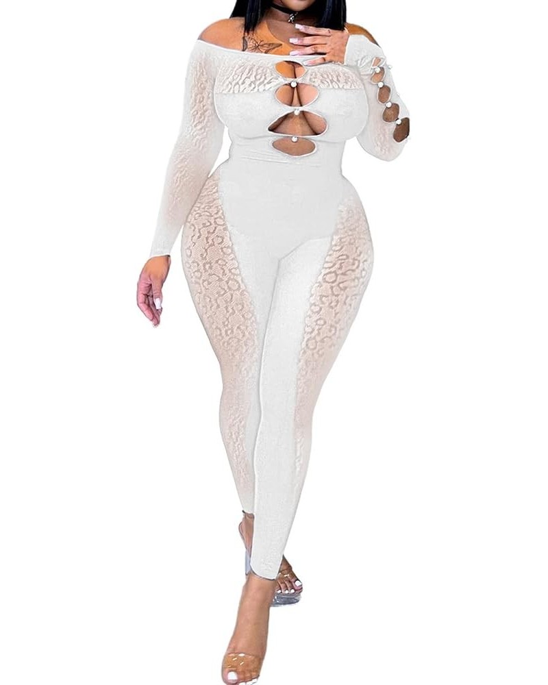 Women Sexy Cutout Jumpsuits Long Sleeve Square Neck See Through Romper Fashin Solid One Piece Mesh Overalls 01 White $14.24 J...