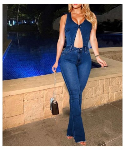 Women's Hollow Out Denim Jumpsuit Sleeveless Button Closure Cutout Bodycon Flared Skinny Jean Rompers Blue $23.09 Jumpsuits