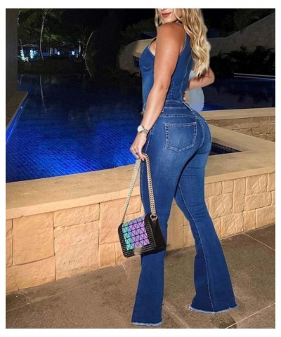 Women's Hollow Out Denim Jumpsuit Sleeveless Button Closure Cutout Bodycon Flared Skinny Jean Rompers Blue $23.09 Jumpsuits