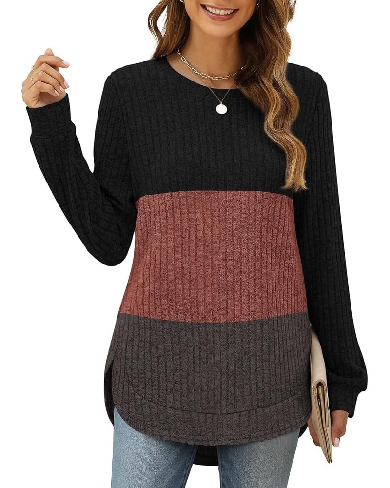 Womens Tunic Tops Loose Fit Crewneck Long Sleeve Shirts High Low Curved Hem 19-blackcaramelgrey $15.64 Tops