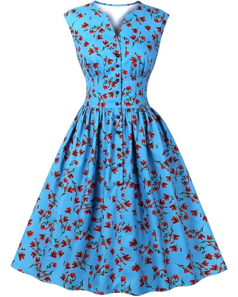 Women's Vintage 1950s 1940s Floral Dresses Split Neck Casual Tea Dress 5127-blue $11.61 Dresses