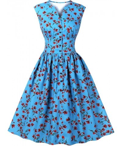 Women's Vintage 1950s 1940s Floral Dresses Split Neck Casual Tea Dress 5127-blue $11.61 Dresses