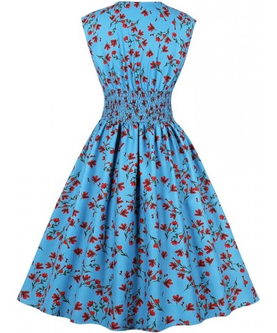 Women's Vintage 1950s 1940s Floral Dresses Split Neck Casual Tea Dress 5127-blue $11.61 Dresses