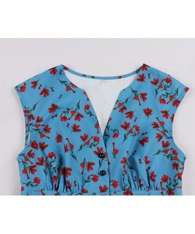 Women's Vintage 1950s 1940s Floral Dresses Split Neck Casual Tea Dress 5127-blue $11.61 Dresses