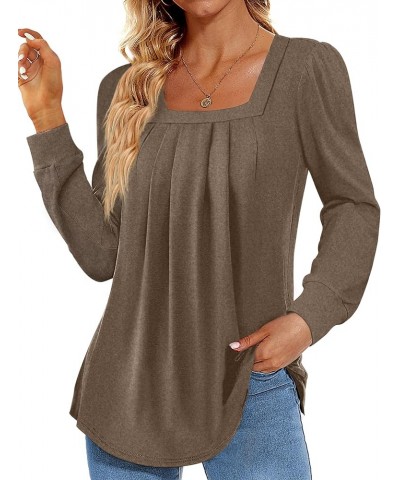 2024 Women's Long Sleeve Tops Dressy Pleated Square Neck Tunic Blouses Casual Loose Shirts 02-coffee $11.50 Tops