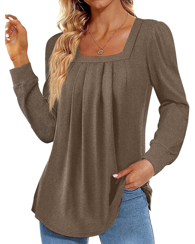 2024 Women's Long Sleeve Tops Dressy Pleated Square Neck Tunic Blouses Casual Loose Shirts 02-coffee $11.50 Tops