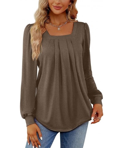 2024 Women's Long Sleeve Tops Dressy Pleated Square Neck Tunic Blouses Casual Loose Shirts 02-coffee $11.50 Tops