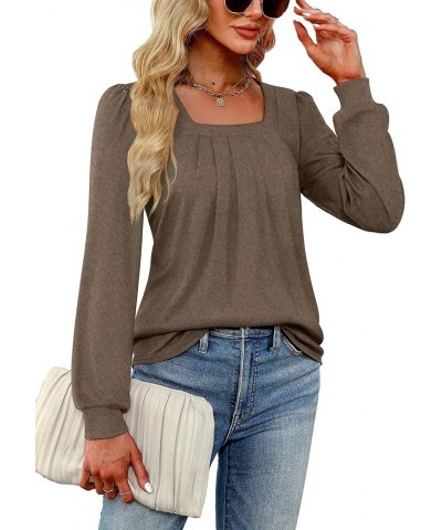 2024 Women's Long Sleeve Tops Dressy Pleated Square Neck Tunic Blouses Casual Loose Shirts 02-coffee $11.50 Tops