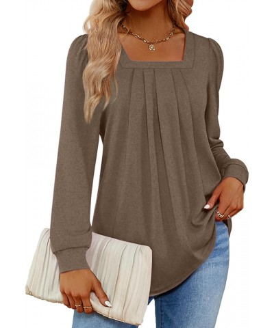 2024 Women's Long Sleeve Tops Dressy Pleated Square Neck Tunic Blouses Casual Loose Shirts 02-coffee $11.50 Tops