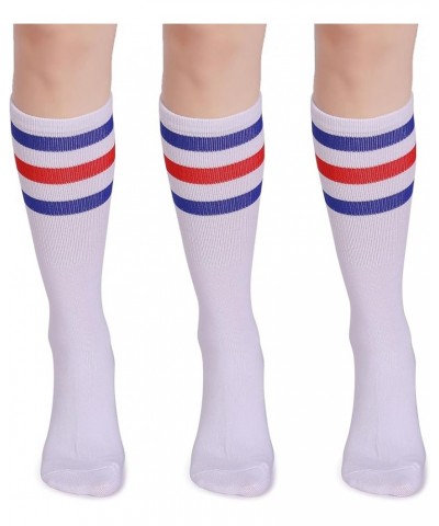 3 Pairs Over the Calf Retro White Tube Socks for Men and Women A03-blue/Red/White $11.39 Activewear