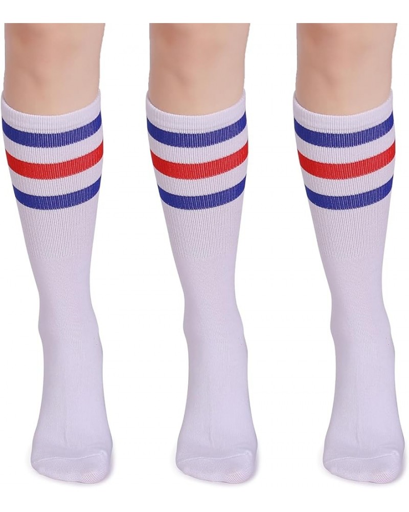 3 Pairs Over the Calf Retro White Tube Socks for Men and Women A03-blue/Red/White $11.39 Activewear