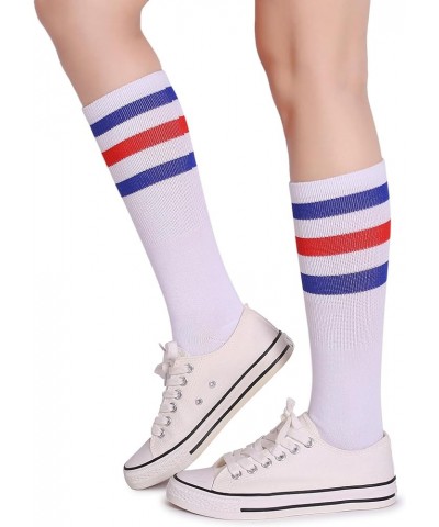 3 Pairs Over the Calf Retro White Tube Socks for Men and Women A03-blue/Red/White $11.39 Activewear