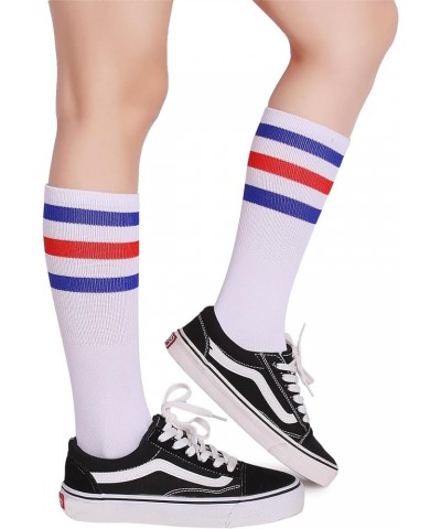 3 Pairs Over the Calf Retro White Tube Socks for Men and Women A03-blue/Red/White $11.39 Activewear