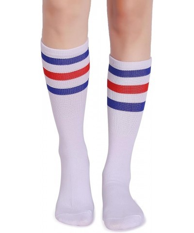 3 Pairs Over the Calf Retro White Tube Socks for Men and Women A03-blue/Red/White $11.39 Activewear