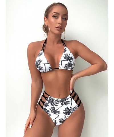 Women's Cut Out Swimsuit Triangle Tropical Halter Tops High Waisted Bikini Set Bathing Suit Black and White $14.26 Swimsuits