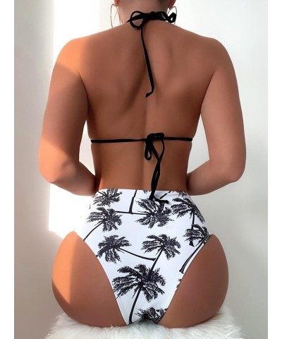 Women's Cut Out Swimsuit Triangle Tropical Halter Tops High Waisted Bikini Set Bathing Suit Black and White $14.26 Swimsuits