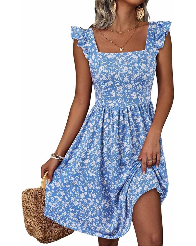 Summer Cute Floral Flowy Knee Length Sundressses Beach Dress for Women 2024 Blue Floral $16.10 Dresses