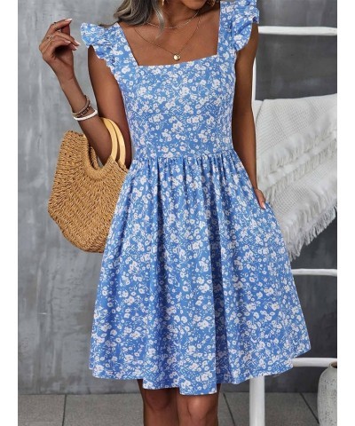 Summer Cute Floral Flowy Knee Length Sundressses Beach Dress for Women 2024 Blue Floral $16.10 Dresses