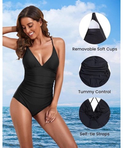 Women Tummy Control One Piece Swimsuits V Neck Bathing Suits Sexy Swimwear Black $21.27 Swimsuits