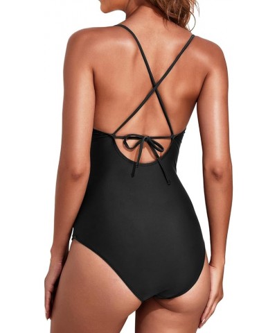 Women Tummy Control One Piece Swimsuits V Neck Bathing Suits Sexy Swimwear Black $21.27 Swimsuits