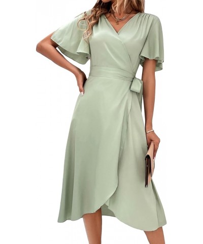 Women's Butterfly Short Sleeve V Neck Tie Side A Line Swing Wrap Midi Dress Mint Green $15.75 Dresses