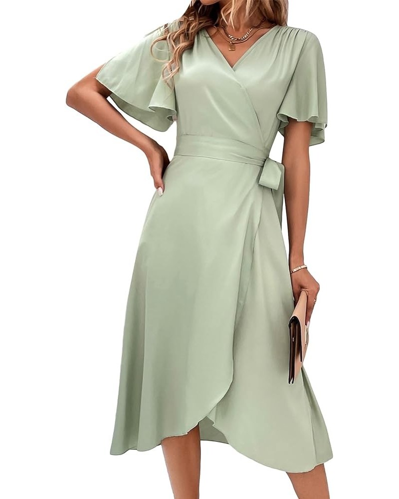 Women's Butterfly Short Sleeve V Neck Tie Side A Line Swing Wrap Midi Dress Mint Green $15.75 Dresses