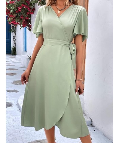 Women's Butterfly Short Sleeve V Neck Tie Side A Line Swing Wrap Midi Dress Mint Green $15.75 Dresses