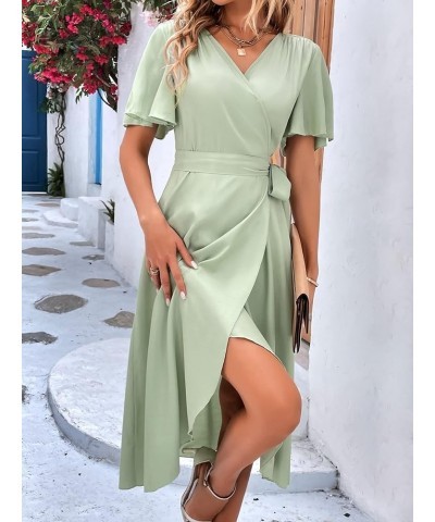 Women's Butterfly Short Sleeve V Neck Tie Side A Line Swing Wrap Midi Dress Mint Green $15.75 Dresses