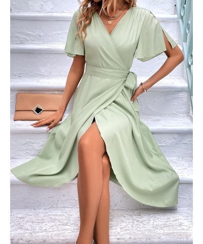 Women's Butterfly Short Sleeve V Neck Tie Side A Line Swing Wrap Midi Dress Mint Green $15.75 Dresses