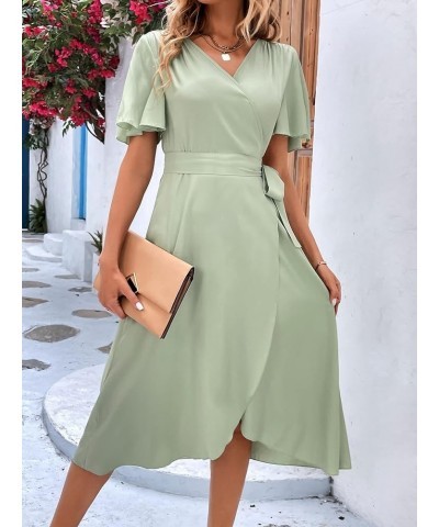 Women's Butterfly Short Sleeve V Neck Tie Side A Line Swing Wrap Midi Dress Mint Green $15.75 Dresses