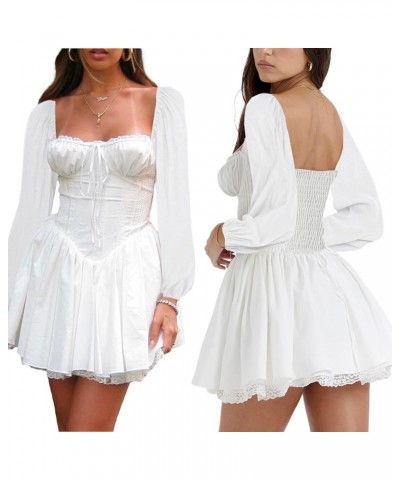 Women Lace Patchwork Long Sleeve Mini Dress Sexy Low Cut Backless Tie Up A-line Dress for Cocktail Party I-white $13.91 Dresses