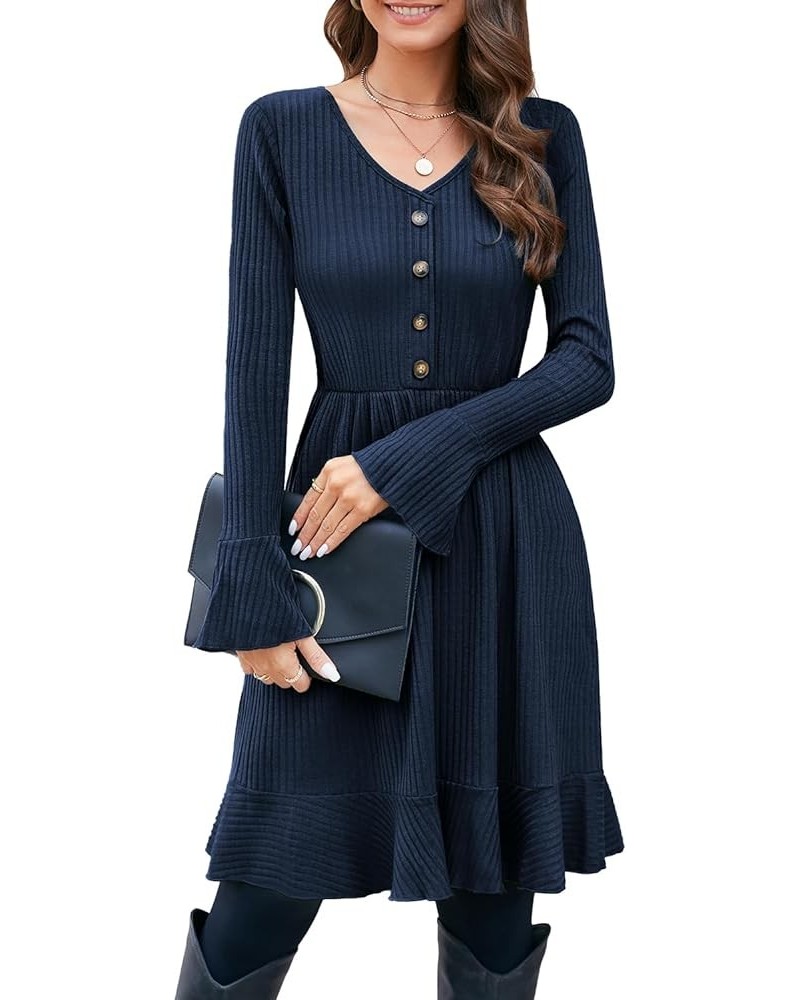 Women 2023 Fall Dresses Long Sleeve Buttons V Neck Wrap Casual Dress Navy $22.95 Dresses