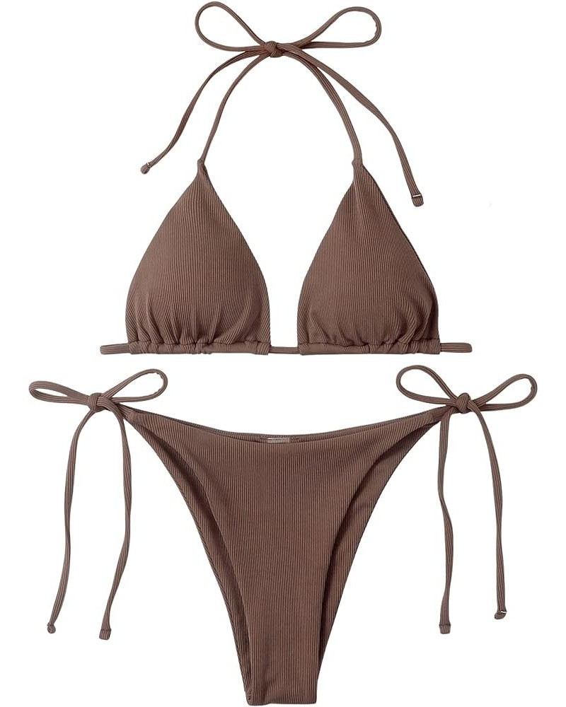 Women's Metallic Halter Top Two Piece Swimsuit Tie Side Triangle Bikini Ribbed Knit Brown $15.05 Swimsuits