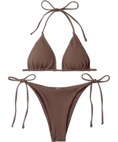 Women's Metallic Halter Top Two Piece Swimsuit Tie Side Triangle Bikini Ribbed Knit Brown $15.05 Swimsuits