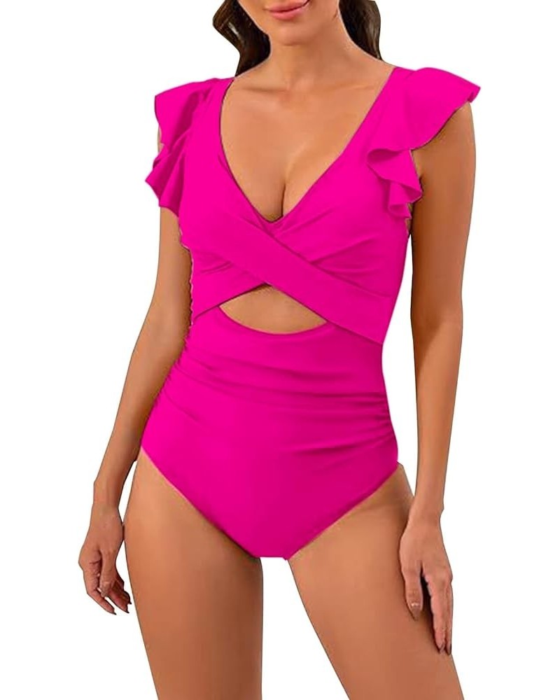 Womens One Piece Swimsuits V Neck Ruffle Sleeve Tummy Control Slimming Bathing Suit Twist Front Cutout Ruched Swimwear A-hot ...