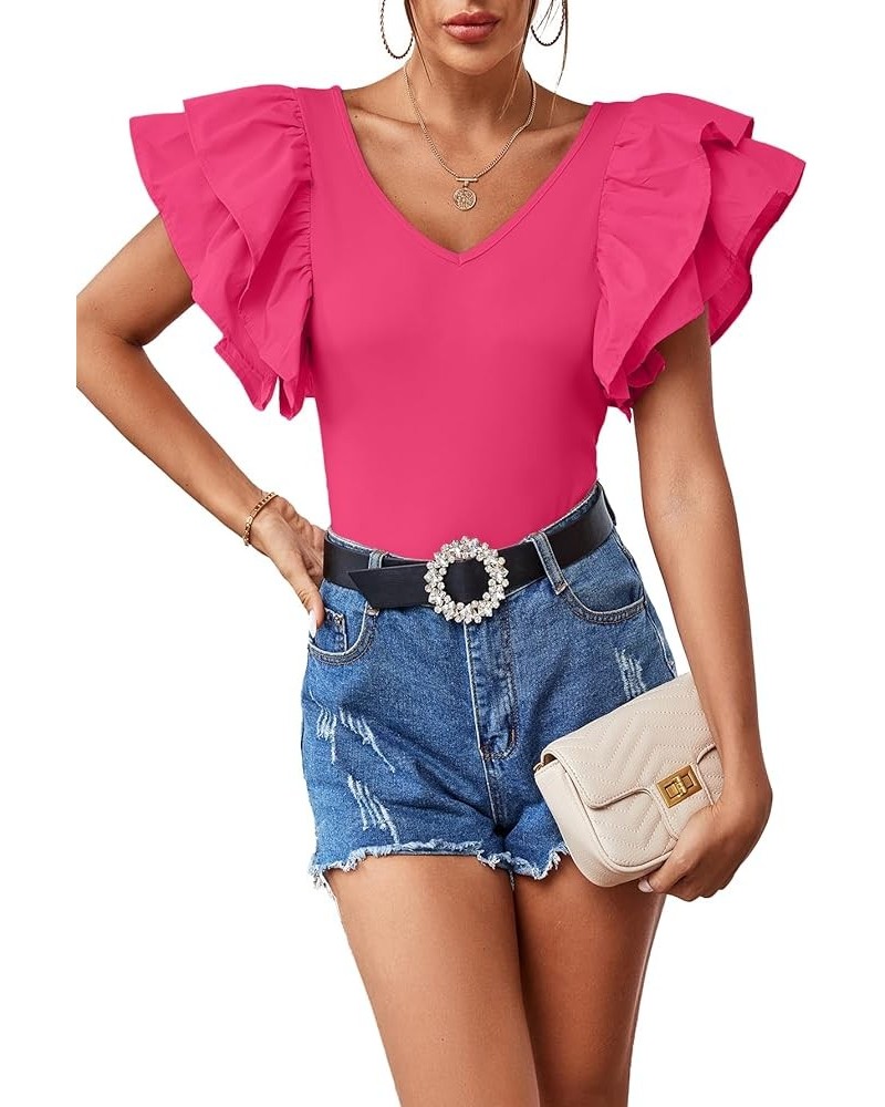 Women's V Neck Ruffle Cap Sleeve Summer Blouse Top Shirt Rose $12.00 Blouses