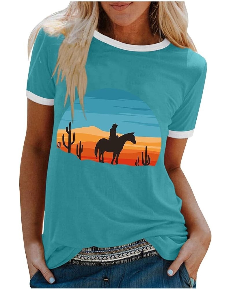 Graphic Tees for Women Western Desert Cactus T-Shirt Vintage Retro Sunset Cactus Graphic Cowgirl Casual Blouse Tops 2023 03-b...