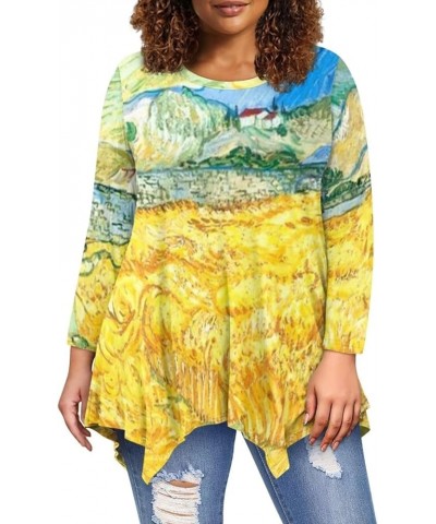 Plus Size Tunic Tops Long Sleeve Shirts for Women Swing Flowy Loose Van Gogh's Golden Wheat Field $12.60 Tops