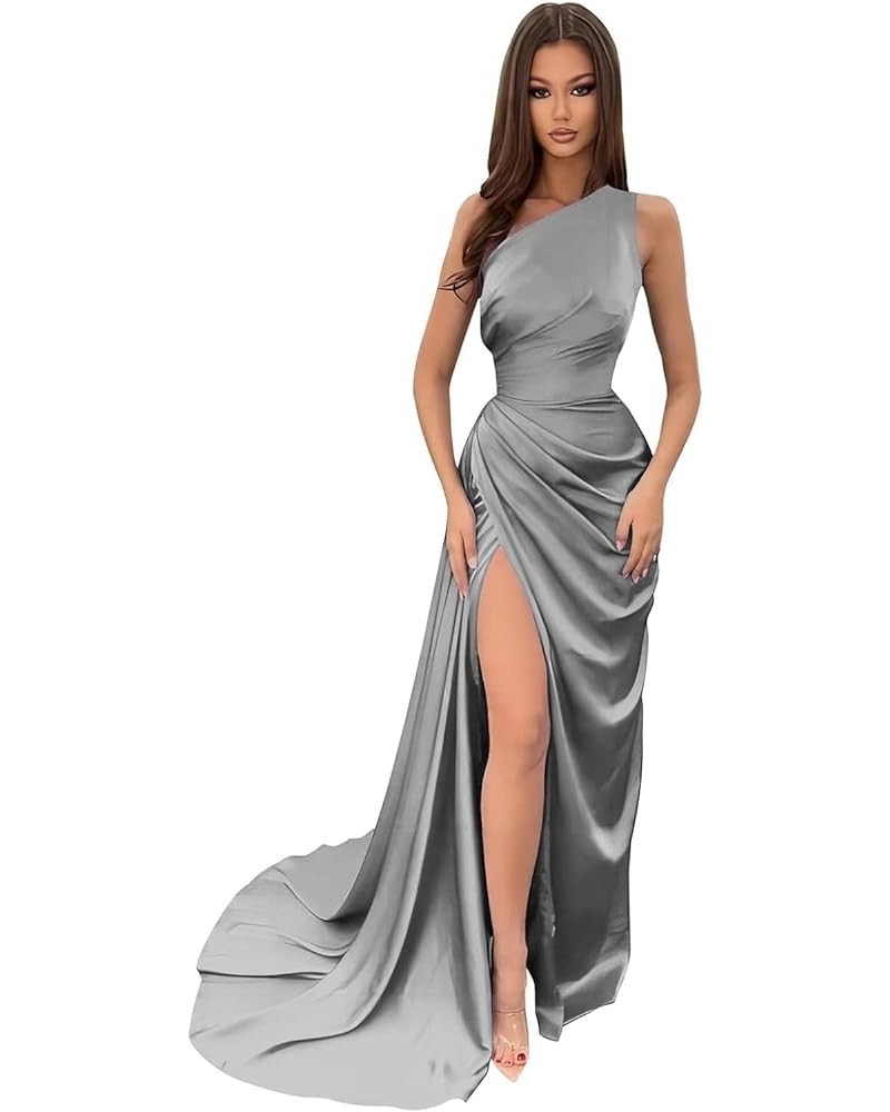 Women's One Shoulder Prom Dresses Long with Slit Wrap Pleats Satin Formal Wedding Party Gowns Grey $27.95 Dresses