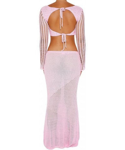 Women 2Pcs Crochet Knit Skirt Set Tube Crop Top + High Waist Bodycon Skirt Cover Up Beachwear Z-pink $13.99 Swimsuits