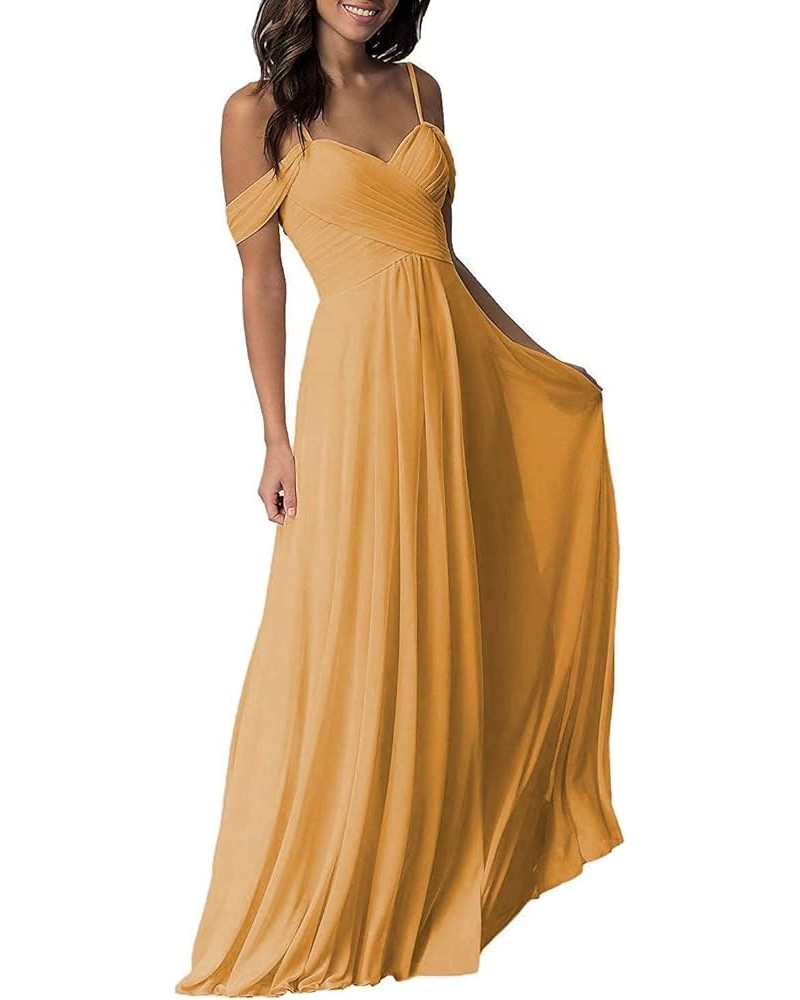 Women's A-Line Pleated Cold-Shoulder Chiffon Long Bridesmaid Dress Mustard Yellow $32.48 Dresses