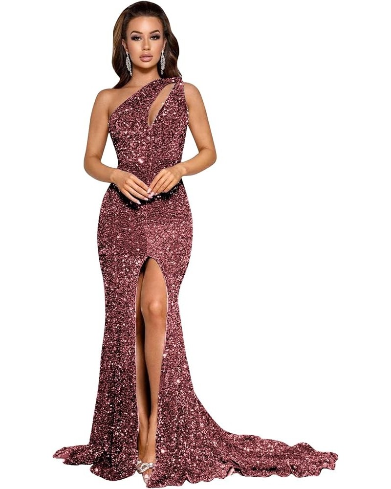 Mermaid Prom Dresses Long Ball Gown for Teens One Shoulder Sequins Formal Evening Gown with Slit Dusty Rose $31.20 Dresses