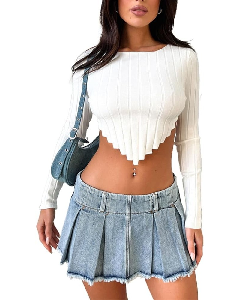 Women's Cropped Sweater Knit Long Sleeve Crew Neck Irregular Hem Soft Pullover Casual Sweater Top White $11.59 Sweaters