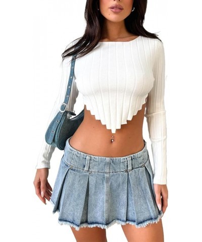 Women's Cropped Sweater Knit Long Sleeve Crew Neck Irregular Hem Soft Pullover Casual Sweater Top White $11.59 Sweaters