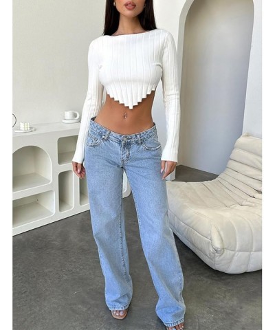 Women's Cropped Sweater Knit Long Sleeve Crew Neck Irregular Hem Soft Pullover Casual Sweater Top White $11.59 Sweaters