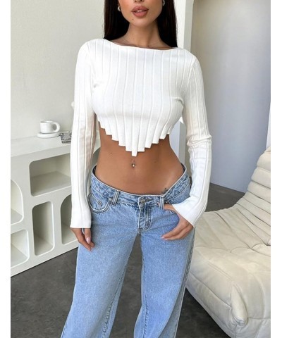 Women's Cropped Sweater Knit Long Sleeve Crew Neck Irregular Hem Soft Pullover Casual Sweater Top White $11.59 Sweaters