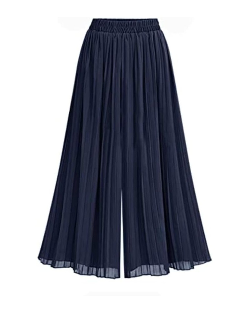 Women's Wide Leg Pant Chiffon Pleated High Elastic Waist Casual Long Fashion Cropped Flowy Business Trousers Navy Blue $13.11...